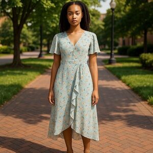 Azalosie Womens Floral Faux‎ Wrap Dress Large Feminine Romantic Asymmetrical